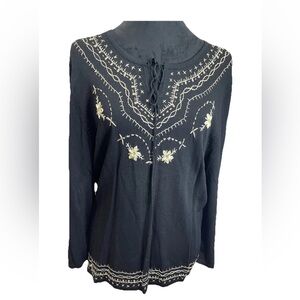 John Paul Richard boho ladies tie front pullover Black sweater embroidered SZ PL